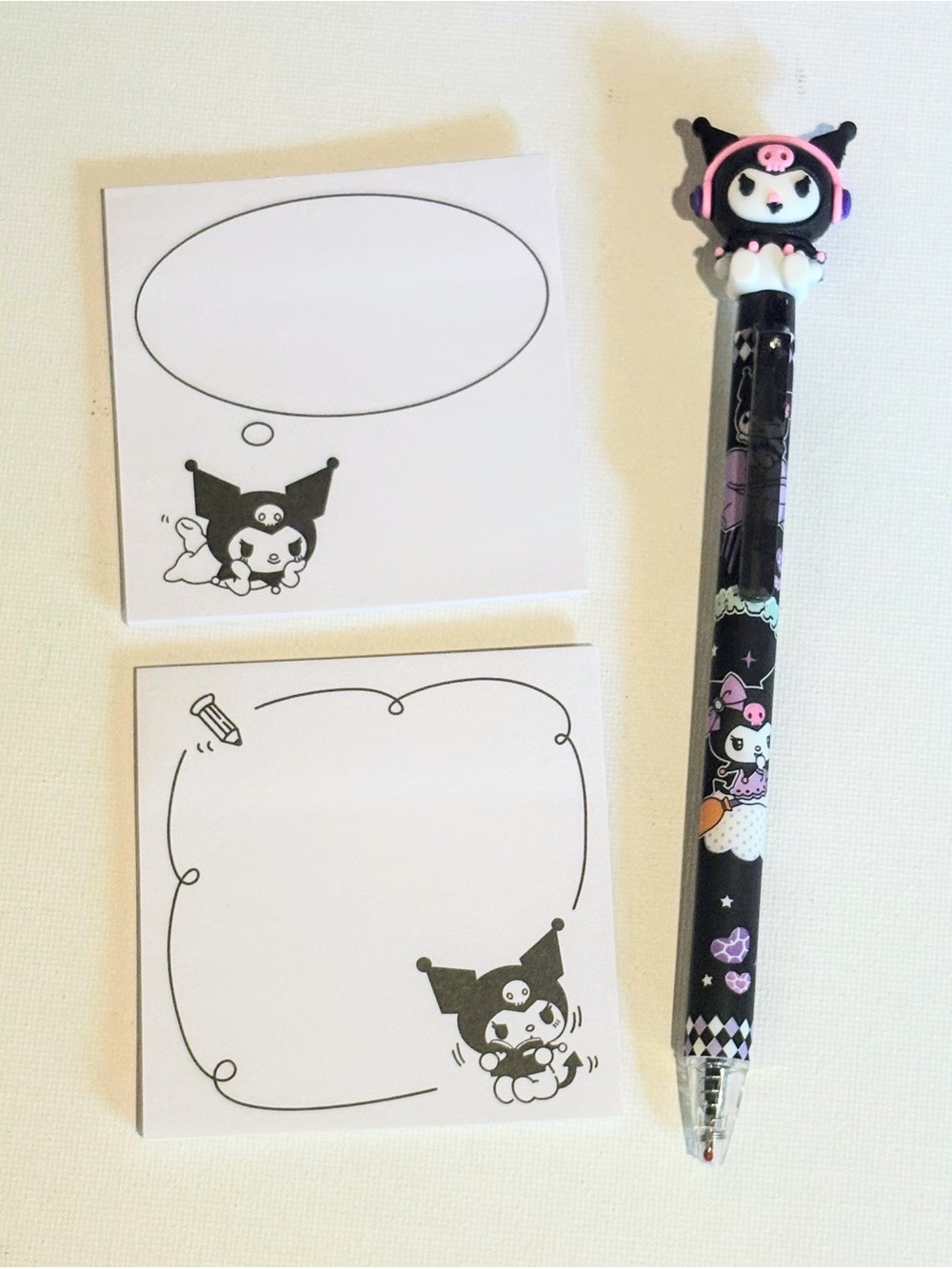 Kuromi Character Black Pen w/Two Sticky Notepads - nwot